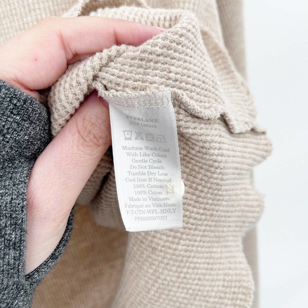 Everlane Henley Waffle Knit Thermal Shirt Sz L Tan Cropped Pullover Long Sleeve - Picture 6 of 6